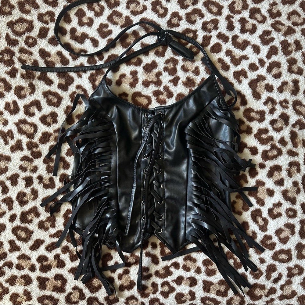 Black Fringe Lace-Up Halter Top